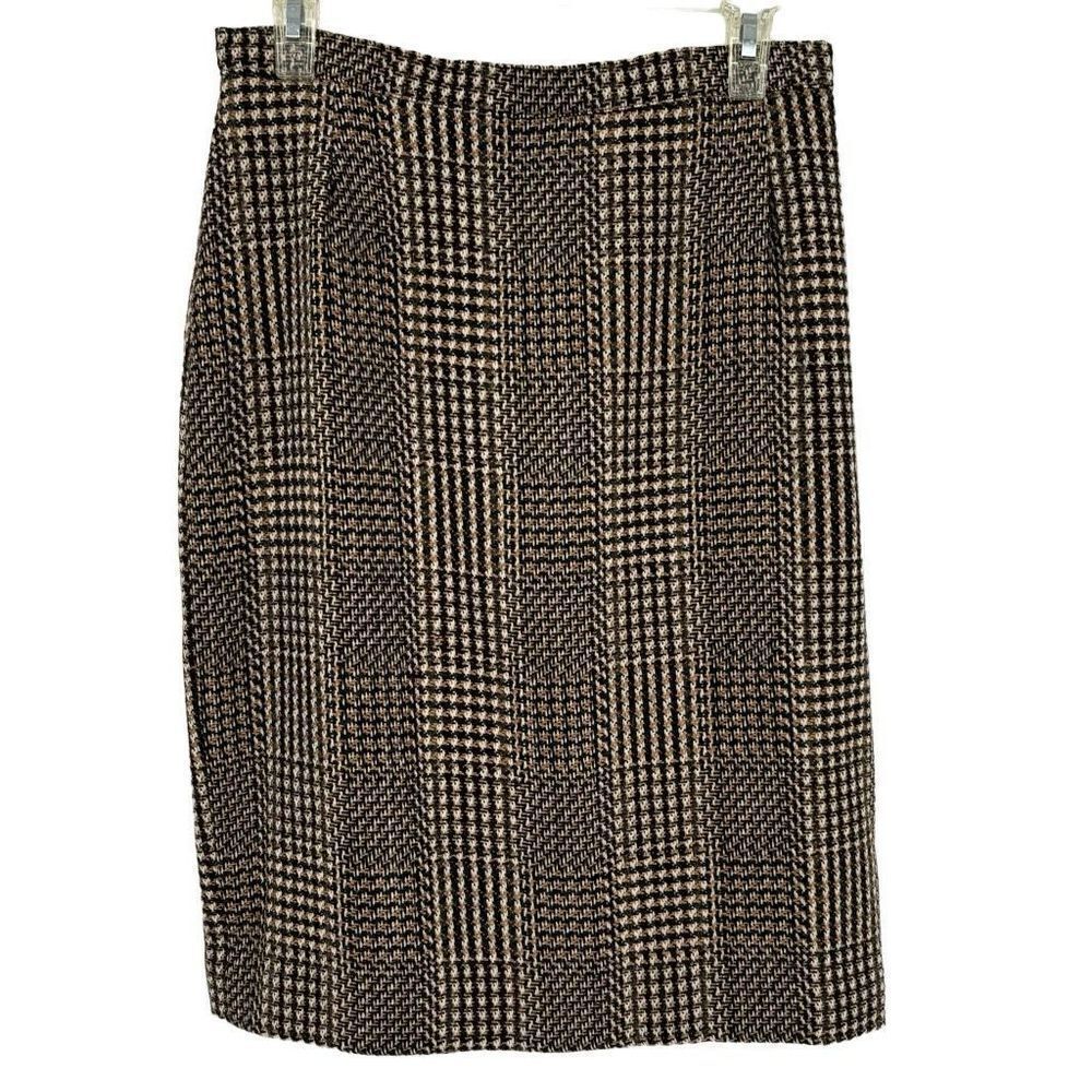 Paul Stanley Vintage Wool Blend Herringbone Print Skirt Black /Tan/Cream Size 12